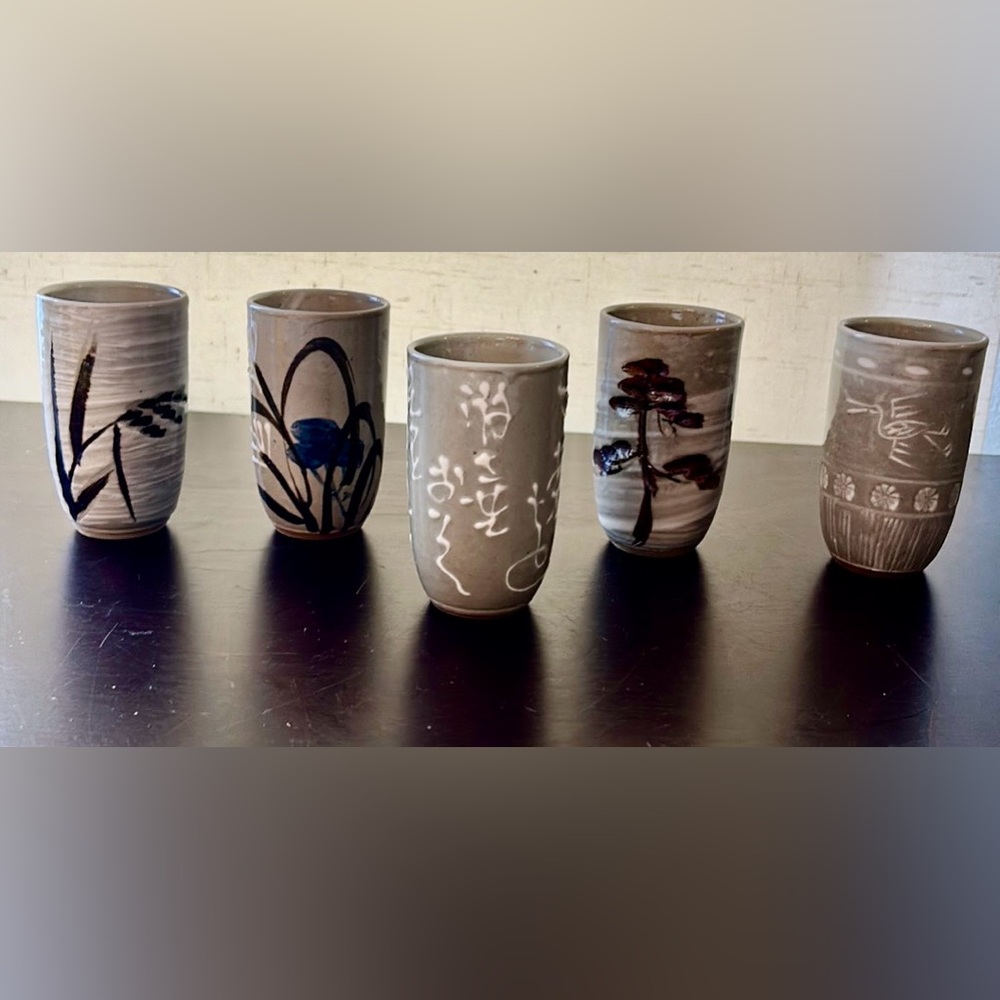 Set of 5 unique Vintage OMC Japan ceramic saki cups.